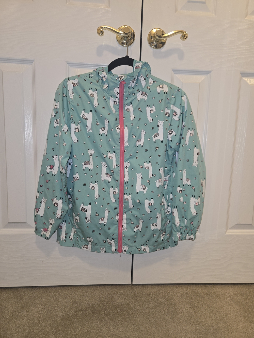 Kids Rain Jacket in Mint with Llama Print